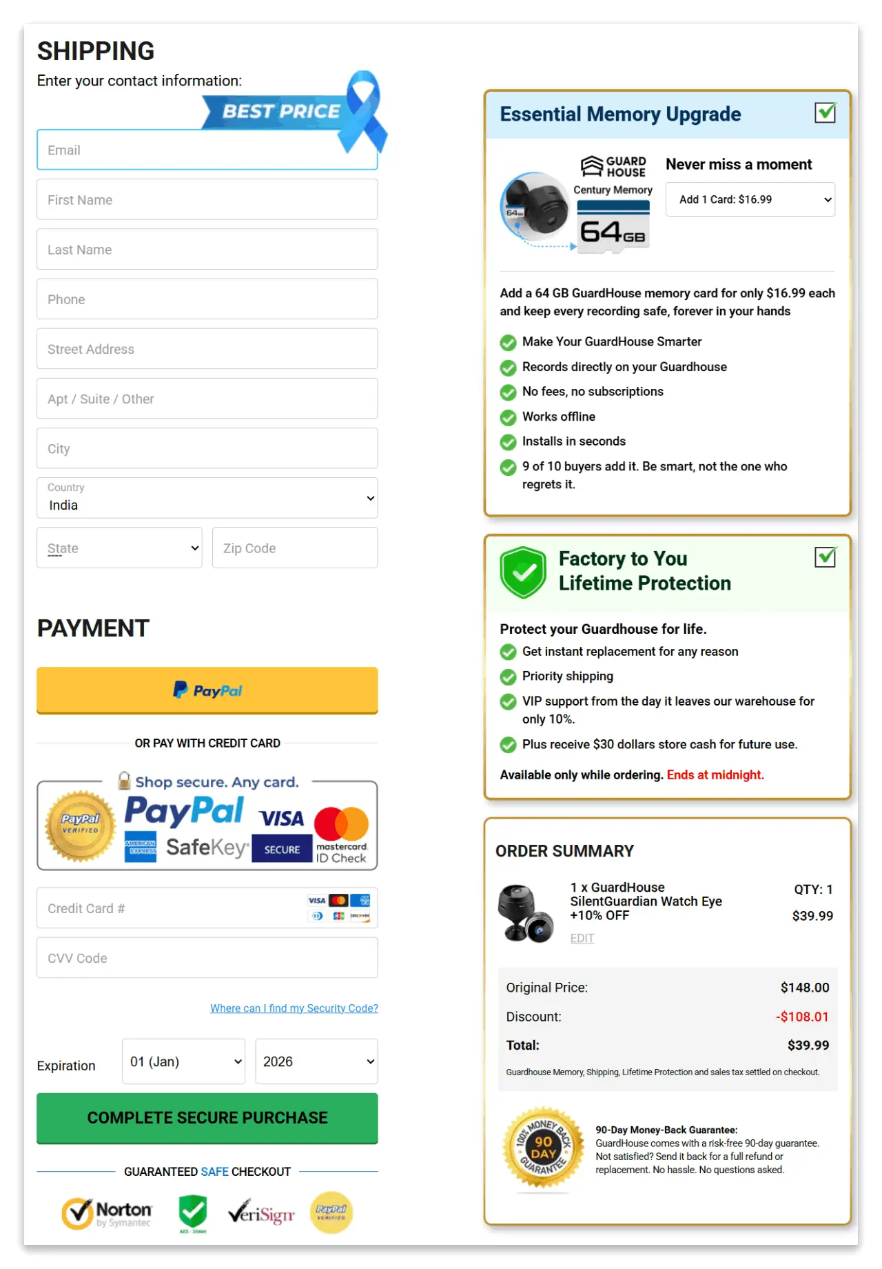 GuardHouse Camera secure checkout page